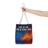 Graphic Tote bag, Life is Ebb and Flow of God, Spiritual quote printed Tote Bag, Stylish tote bag, Celestial design tote bag
