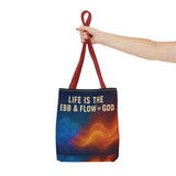 Graphic Tote bag, Life is Ebb and Flow of God, Spiritual quote printed Tote Bag, Stylish tote bag, Celestial design tote bag