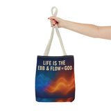 Graphic Tote bag, Life is Ebb and Flow of God, Spiritual quote printed Tote Bag, Stylish tote bag, Celestial design tote bag