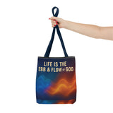 Graphic Tote bag, Life is Ebb and Flow of God, Spiritual quote printed Tote Bag, Stylish tote bag, Celestial design tote bag